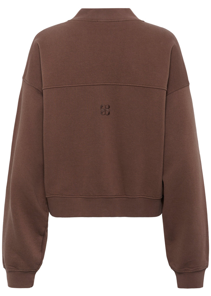 Brown jacket with a logo on the back against a white background