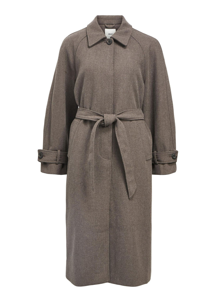 Brown trench coat with a belt on a white background
