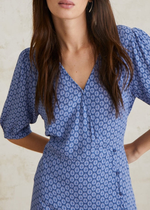 YERSE Flowy Dress Puffed Sleeves Blue Dress