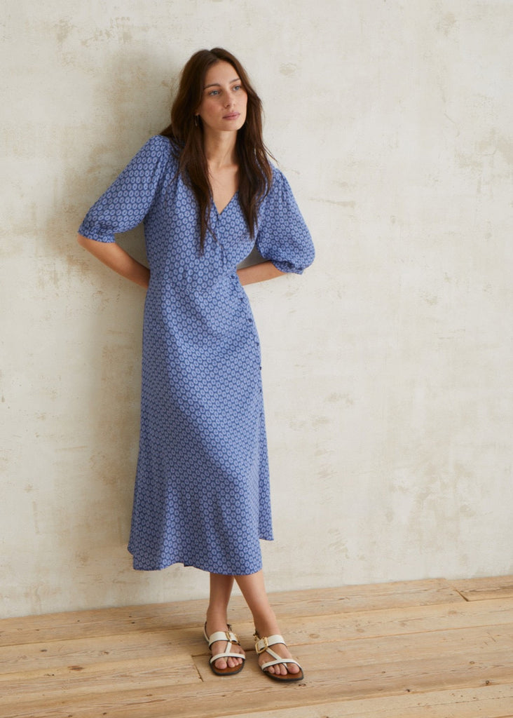 YERSE Flowy Dress Puffed Sleeves Blue Dress