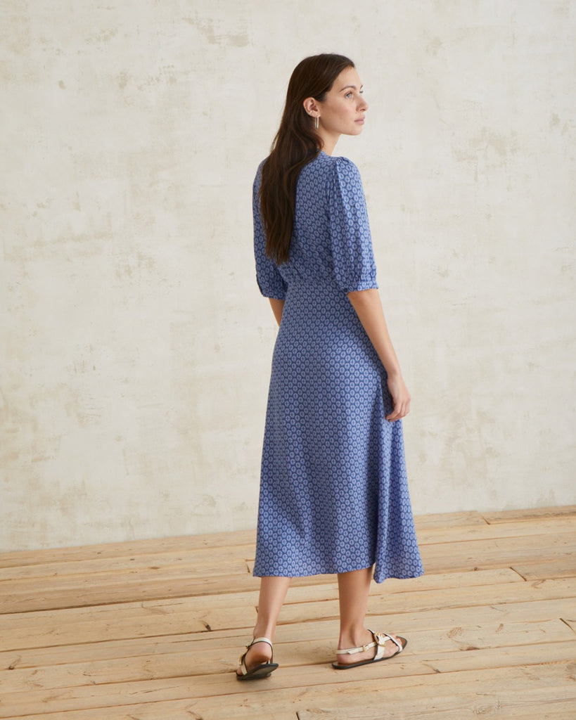 YERSE Flowy Dress Puffed Sleeves Blue Dress