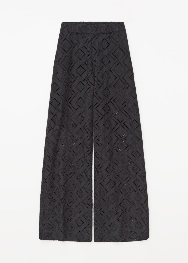 Black patterned pants on a white background