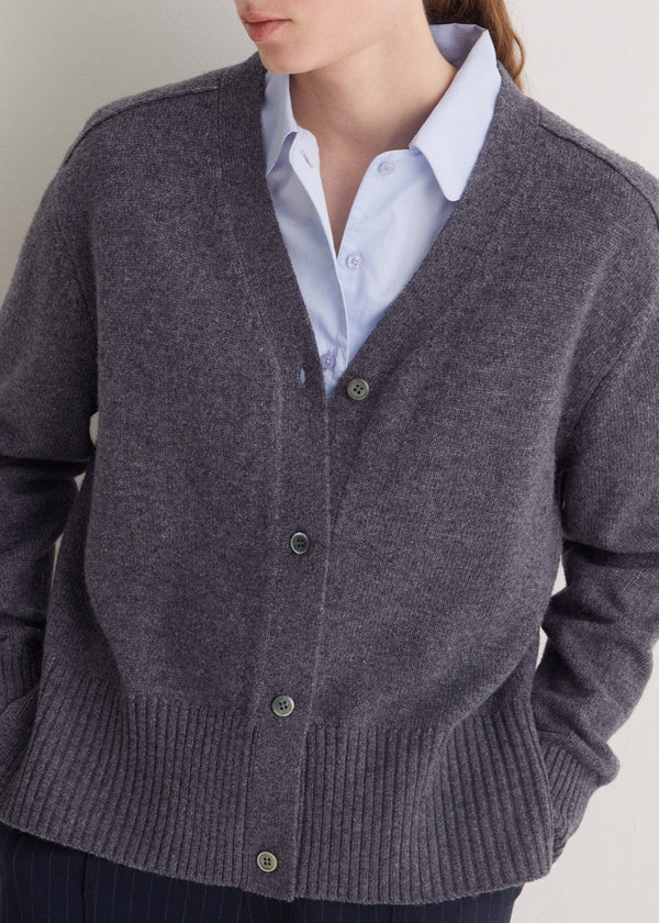 Person wearing a gray cardigan over a light blue shirt on a neutral background