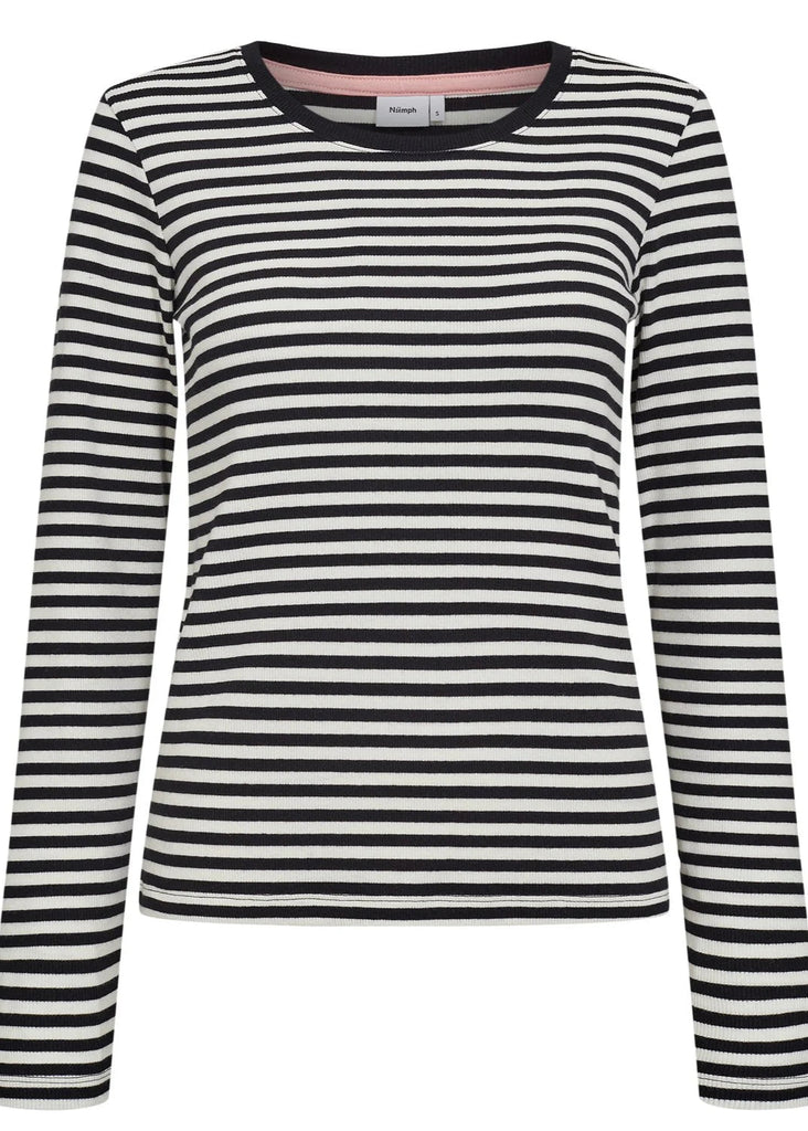 Black and white striped long-sleeve shirt on a white background
