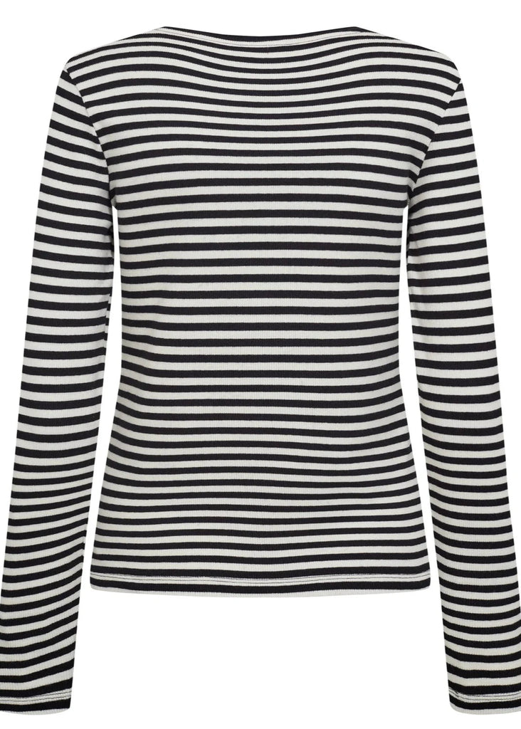 Black and white striped long-sleeve top on a white background
