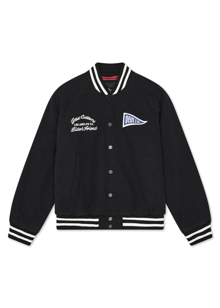 Black varsity jacket with white text and logos on a white background