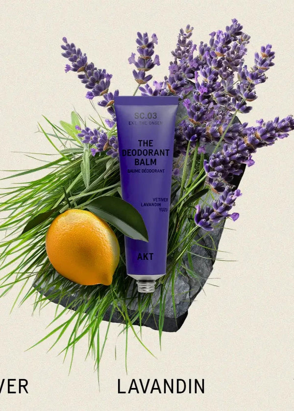 Deodorant balm with lavender, vetiver, and yuzu on a beige background