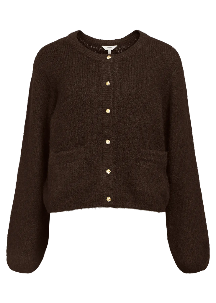 Brown cardigan with button details on a white background