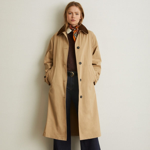 YERSE Long Collared Raincoat In Camel