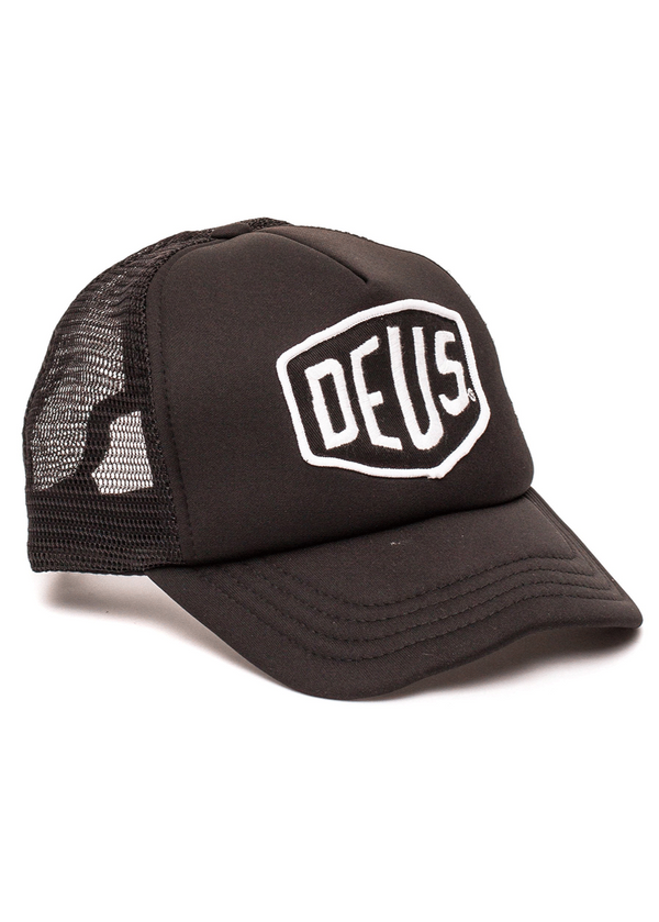 Black mesh cap with 'DEUS' logo on a white background