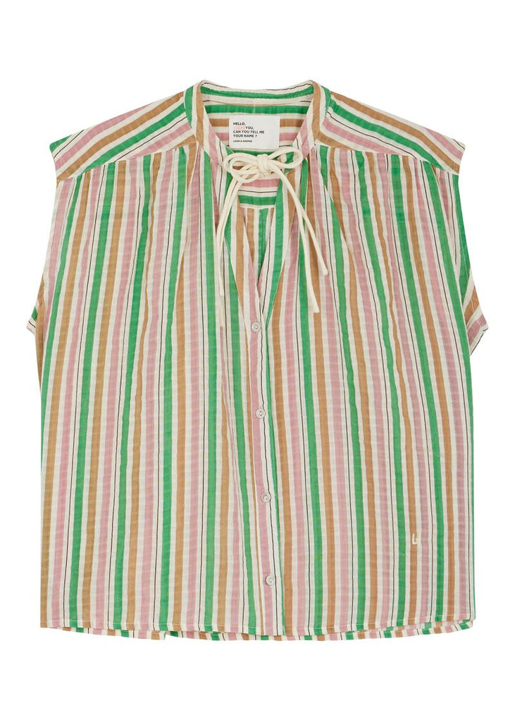 Striped sleeveless top with a tie neckline on a white background