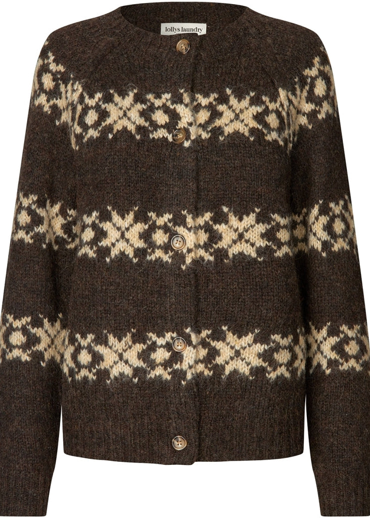A dark brown knit cardigan sweater with beige Fair Isle patterned horizontal stripes and button closure, shown on a plain white background.