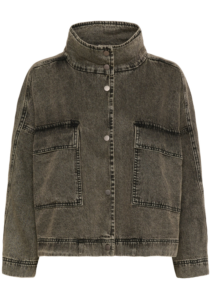 Denim jacket with button details on a white background
