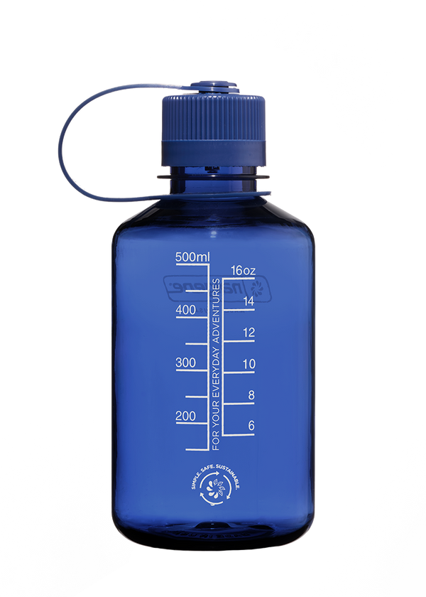 Blue water bottle with measurement markings on a white background