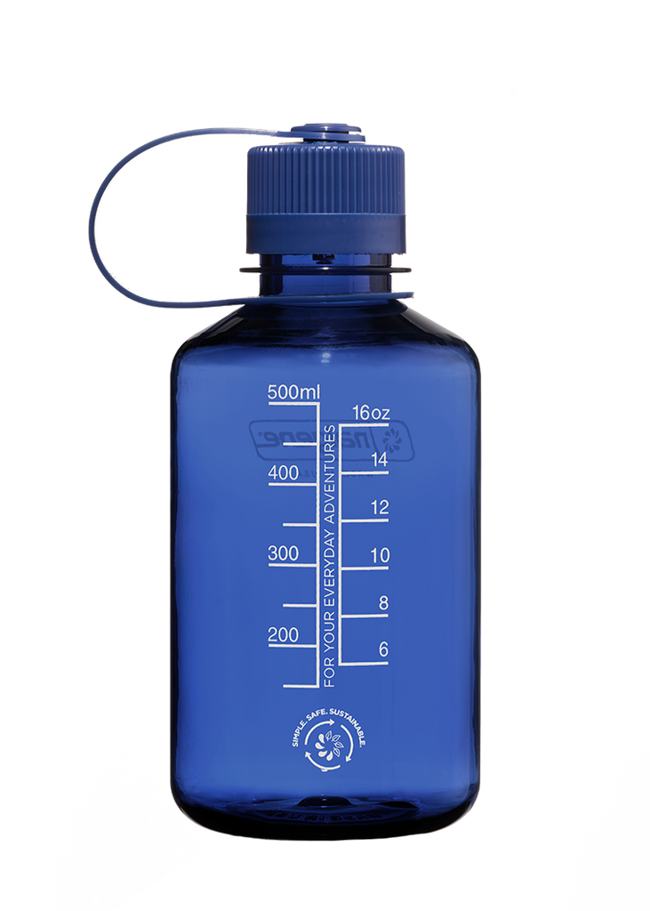 Blue water bottle with measurement markings on a white background