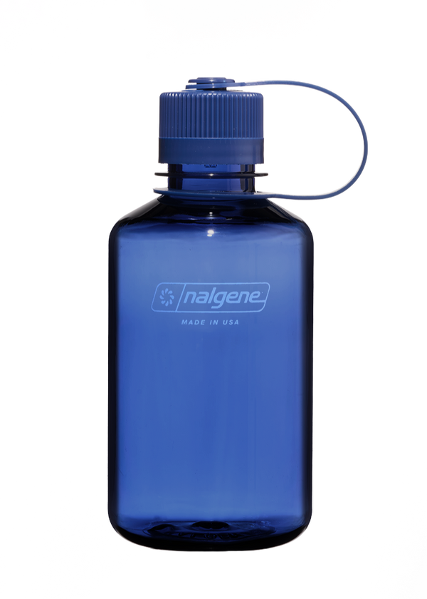 Blue Nalgene water bottle with a blue cap on a white background