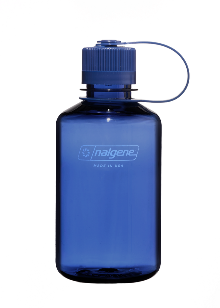 Blue Nalgene water bottle with a blue cap on a white background