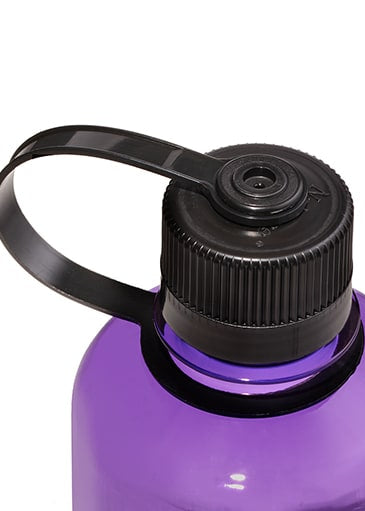 Purple water bottle with black cap and handle on a white background