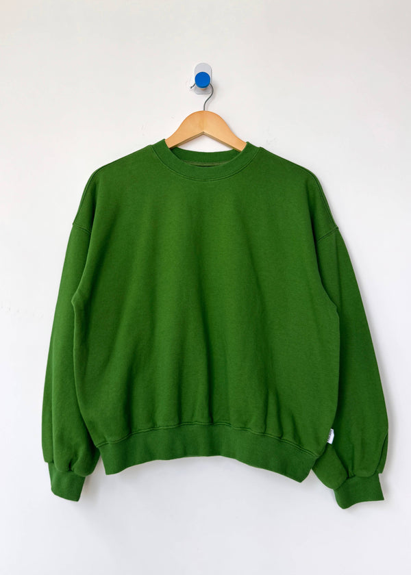 Green sweatshirt on a wooden hanger against a white background