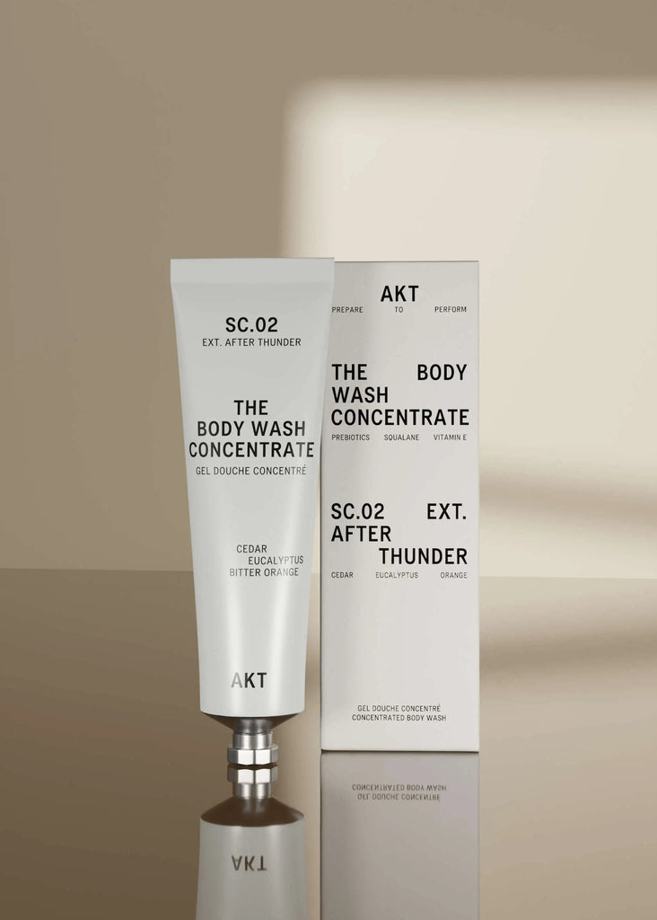 Body wash concentrate tube and packaging on a beige background