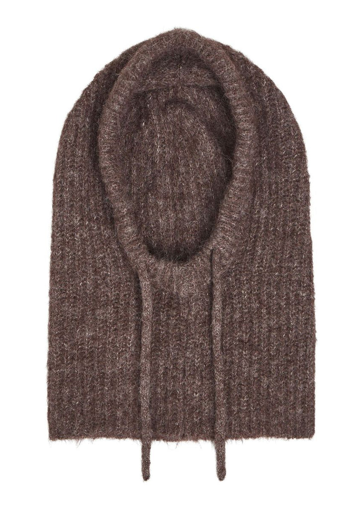 Brown knitted hood on a white background