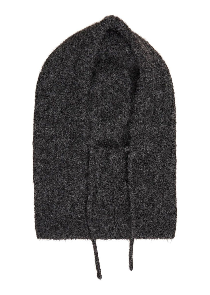 Dark gray knit beanie on a white background