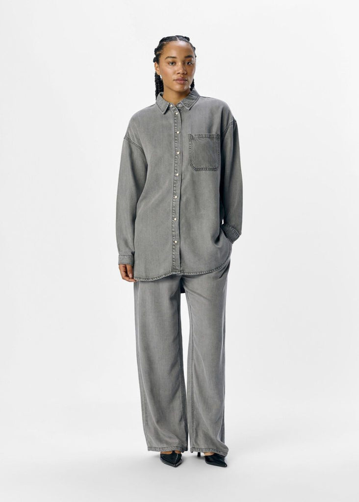 Longline Denim Shirt in Light Grey Denim