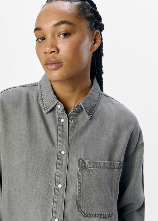 Longline Denim Shirt in Light Grey Denim