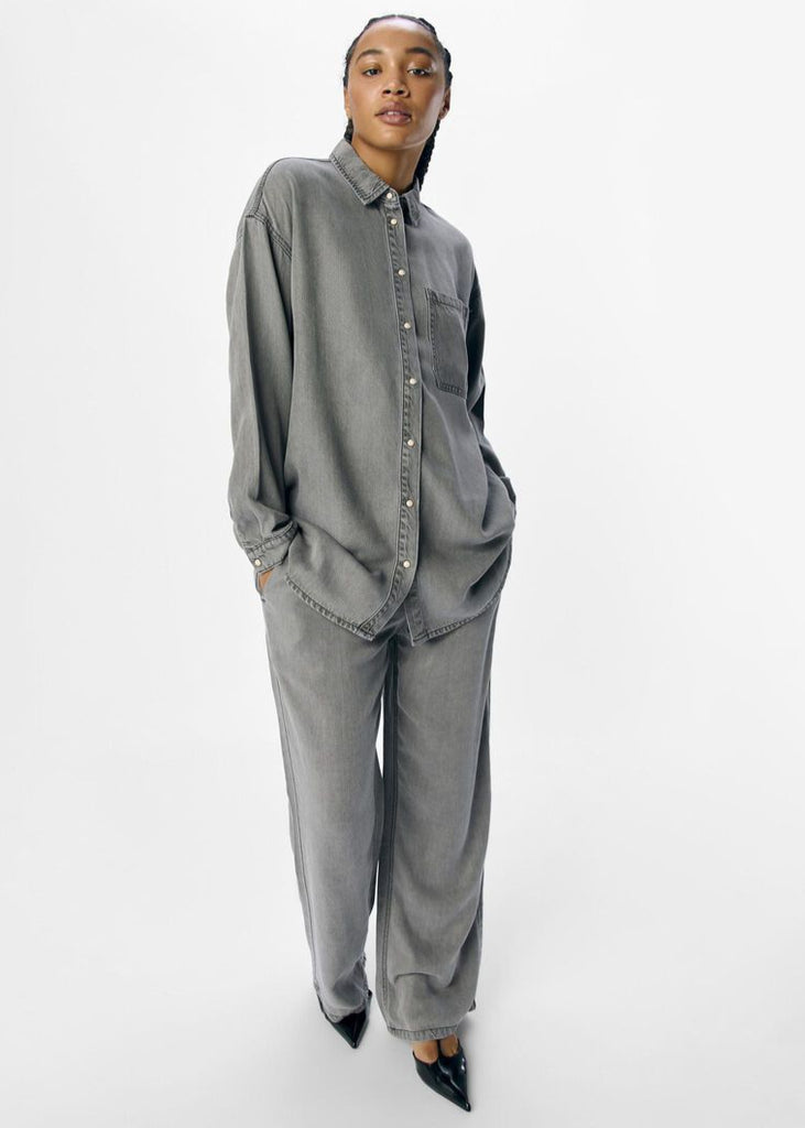 Longline Denim Shirt in Light Grey Denim