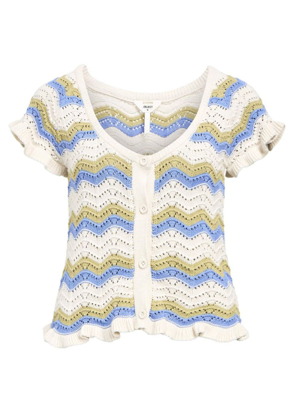 Object Short Sleeved Knit Cardigan in sand and Cornflower Blue
