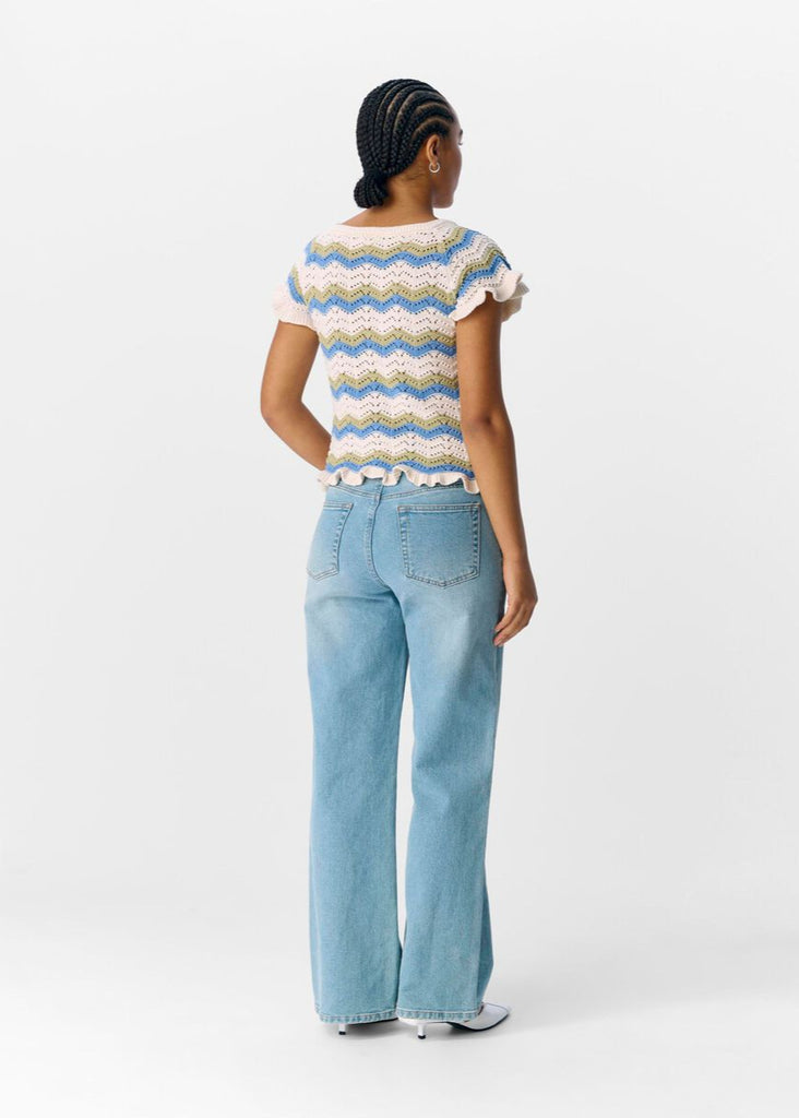 Object Short Sleeved Knit Cardigan in sand and Cornflower Blue