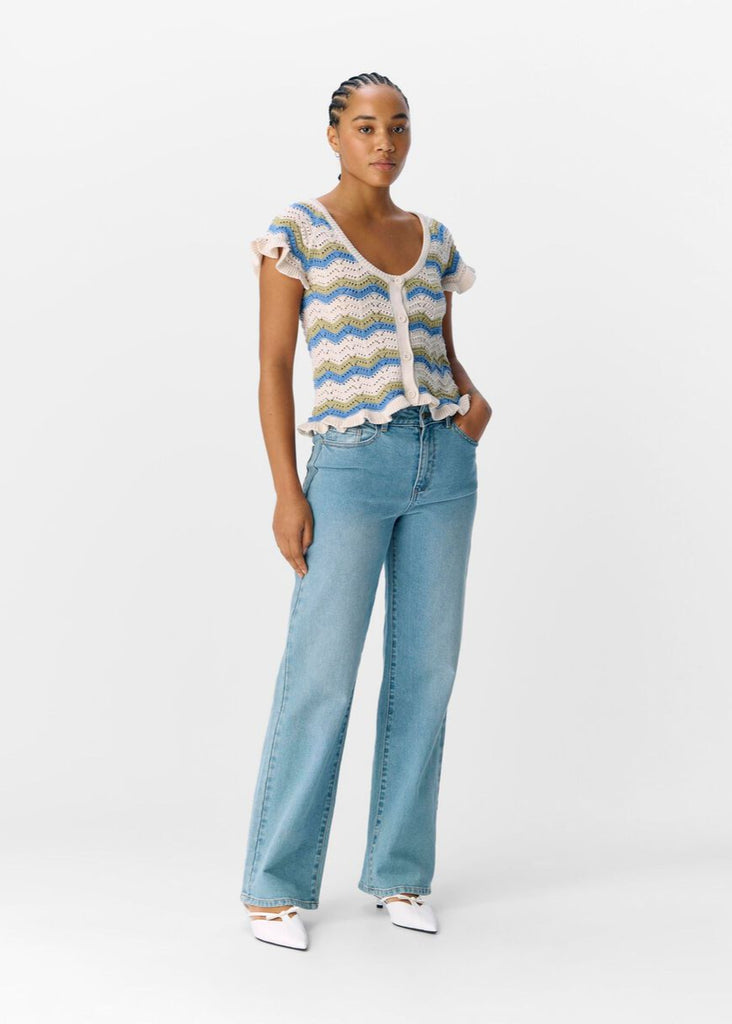 Object Short Sleeved Knit Cardigan in sand and Cornflower Blue