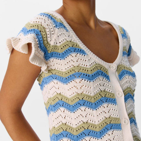 Object Short Sleeved Knit Cardigan in sand and Cornflower Blue