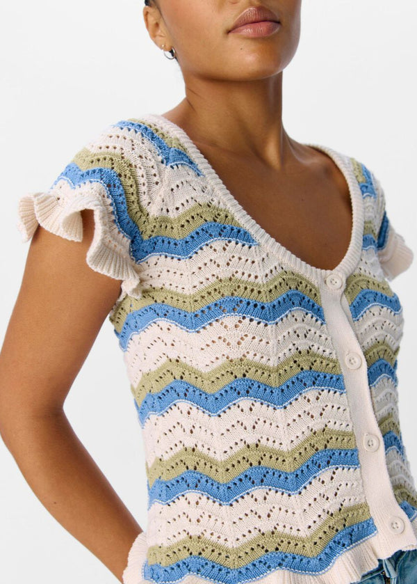 Object Short Sleeved Knit Cardigan in sand and Cornflower Blue