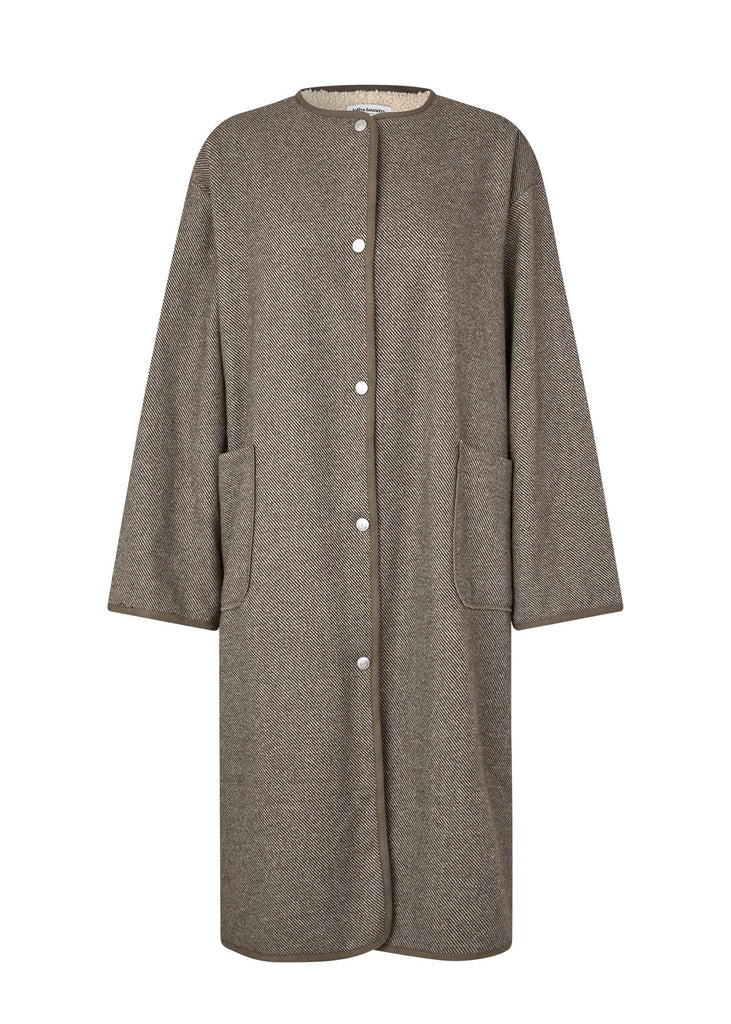 Long brown coat with buttons on a white background