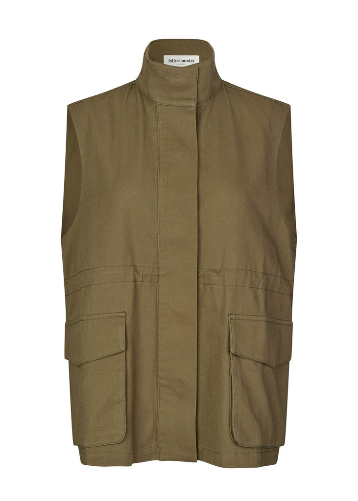Green vest with multiple pockets on a white background