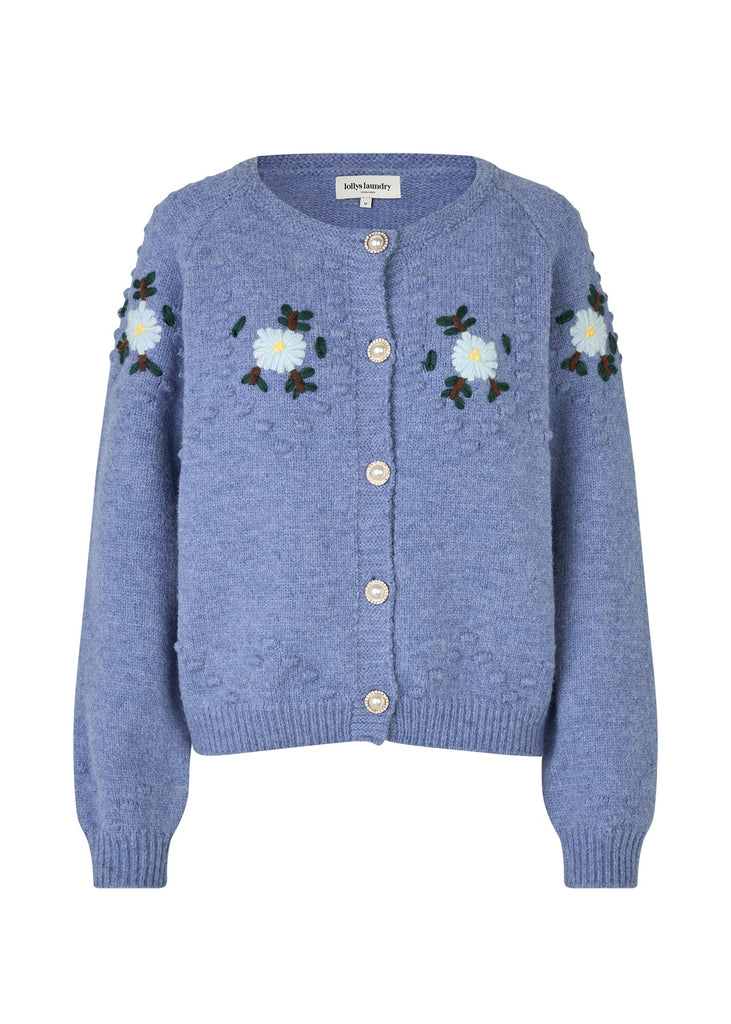 Blue cardigan with floral embroidery on a white background