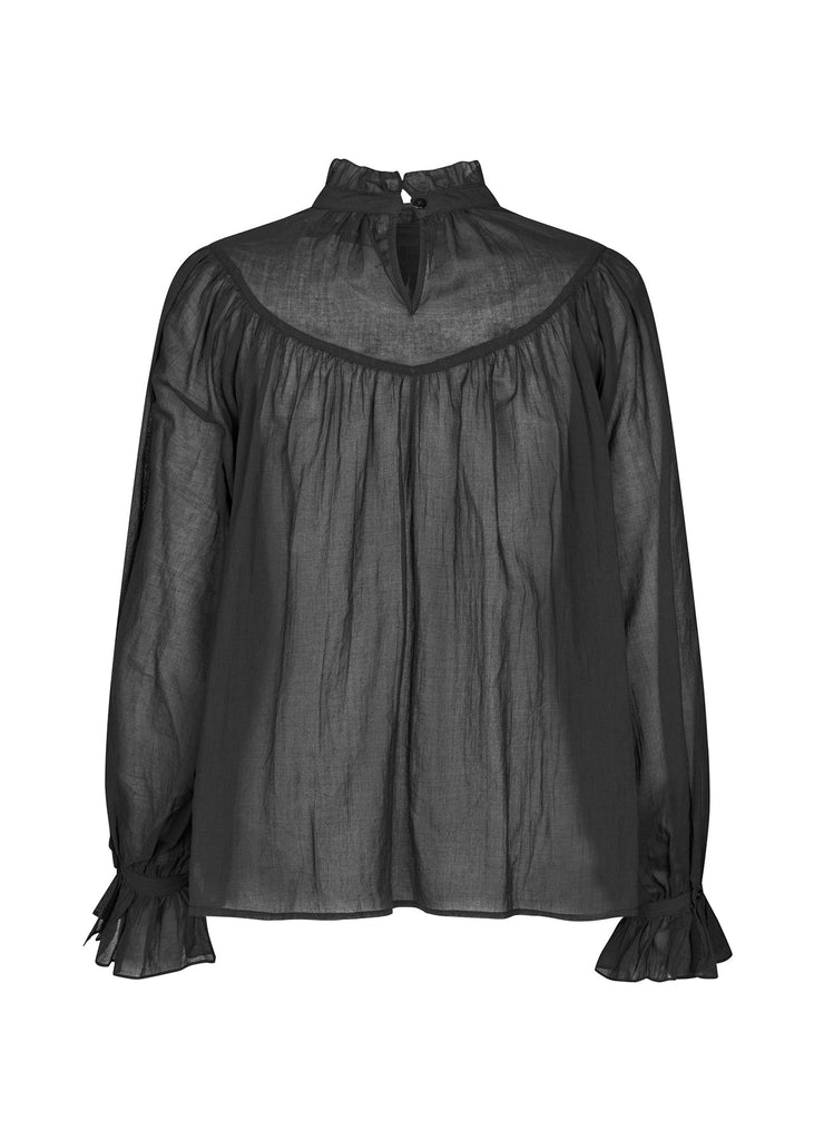 Black blouse with sheer neckline on a white background