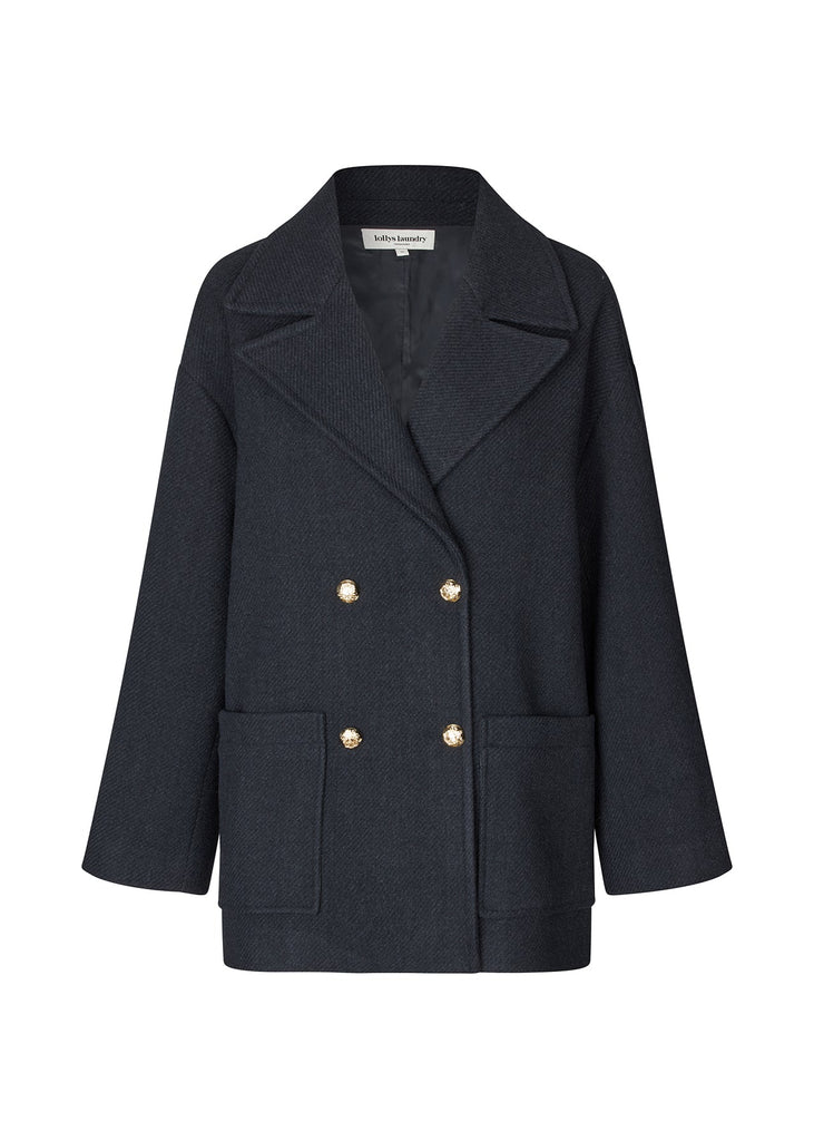 Navy blue coat with gold buttons on a white background