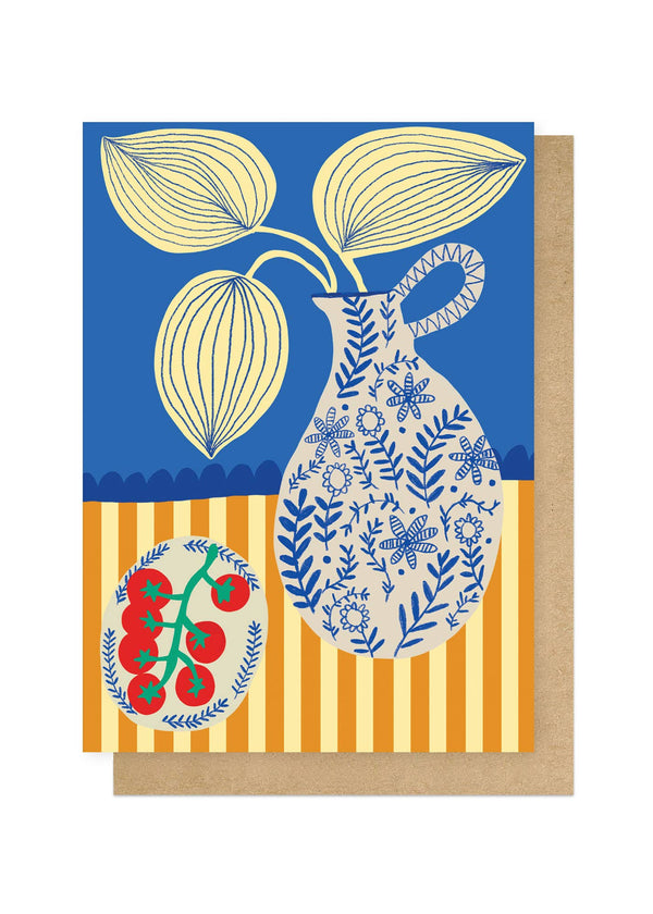 Greeting card with floral design on a blue and yellow striped background
