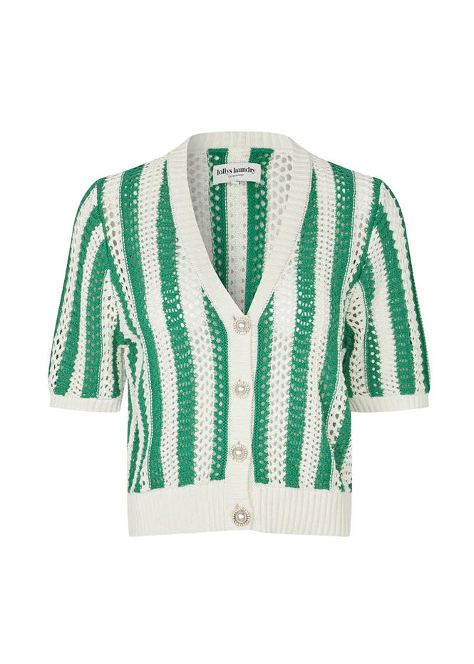 Green and white striped cardigan on a white background