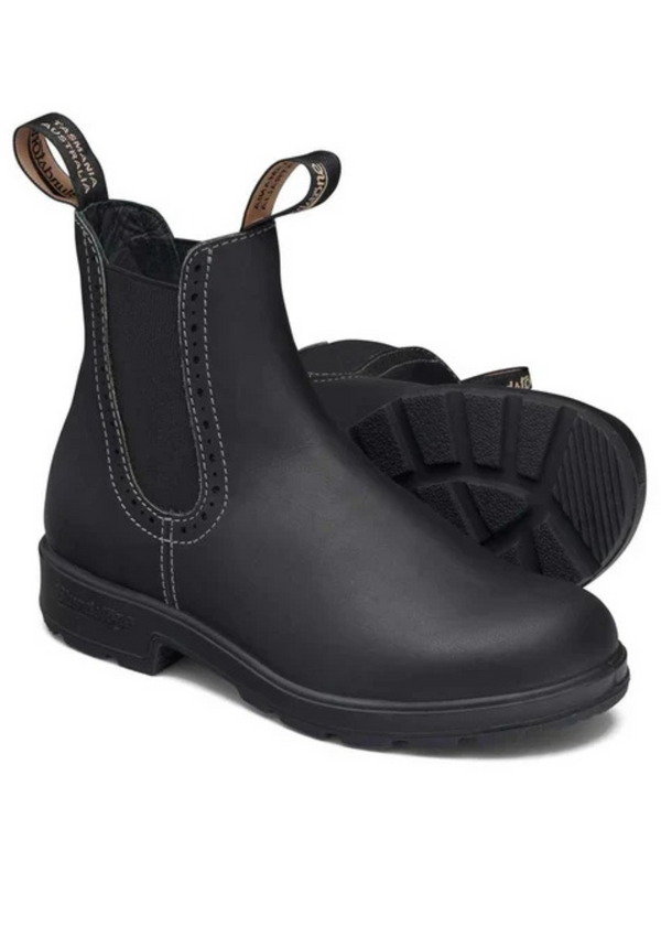 A pair of black Chelsea-style ankle boots with elastic side gore panels and pull tabs, shown on a plain white background.