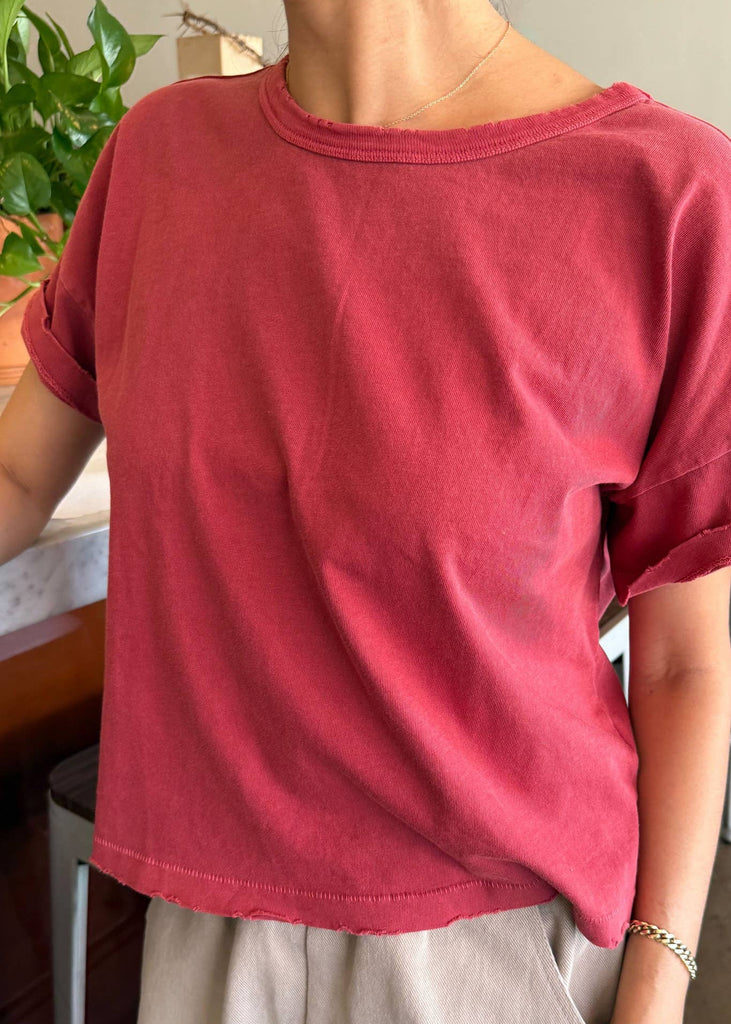 Person wearing a red t-shirt with a plant in the background