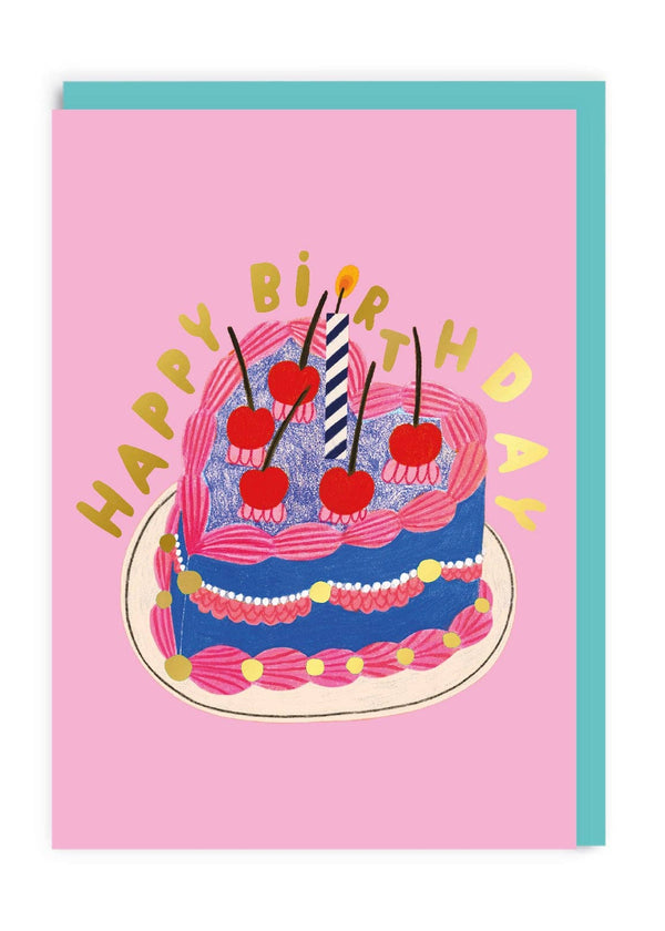 Birthday card with a cake illustration and 'Happy Birthday' text on a pink background