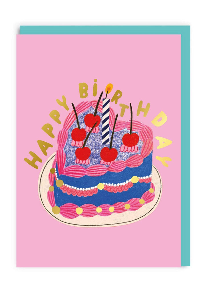 Birthday card with a cake illustration and 'Happy Birthday' text on a pink background