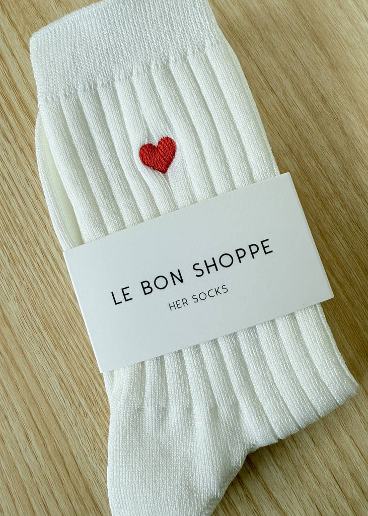 Embroidered Her Socks - Mercerized Combed Cotton Rib: Classic White + Heart