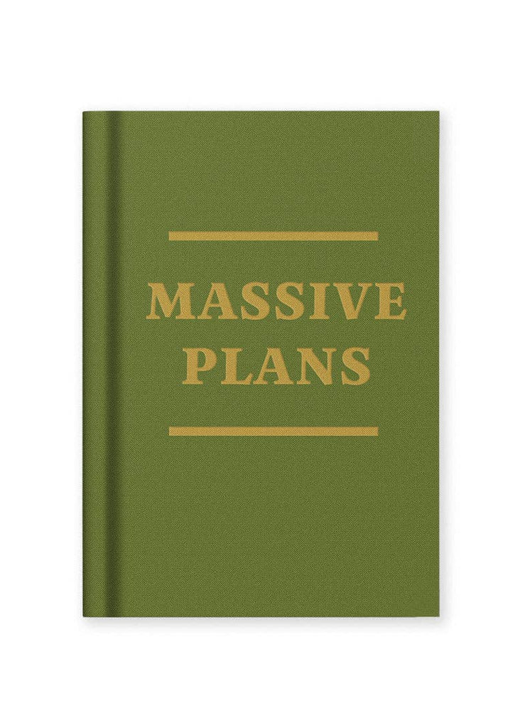 Green book with 'MASSIVE PLANS' text on a white background