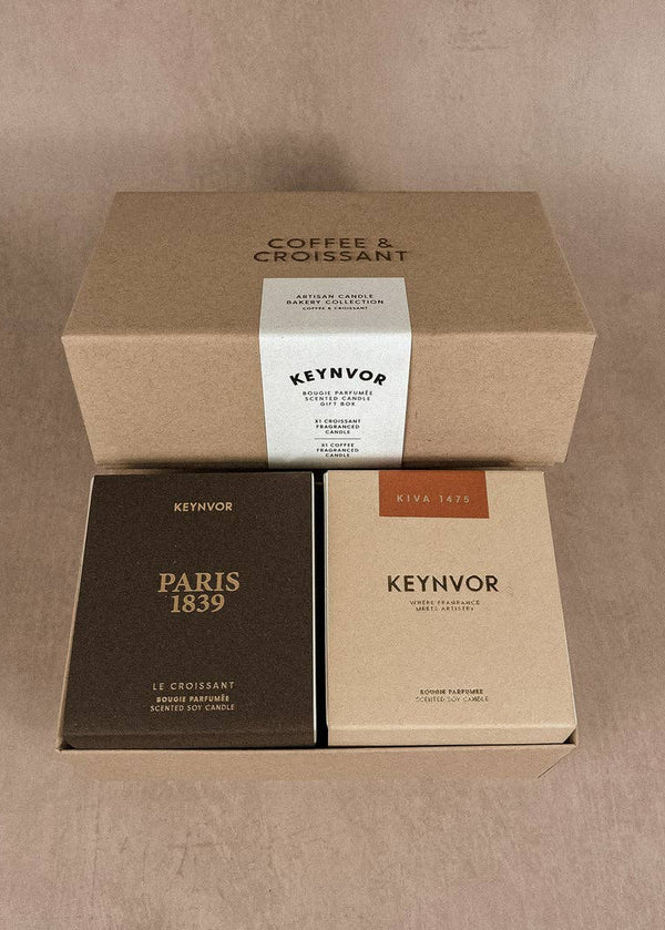 Three cardboard boxes with 'Keynvor' branding on a beige background