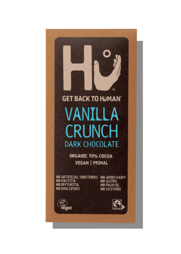 Vanilla Crunch dark chocolate bar packaging with 'Hu' brand on a white background