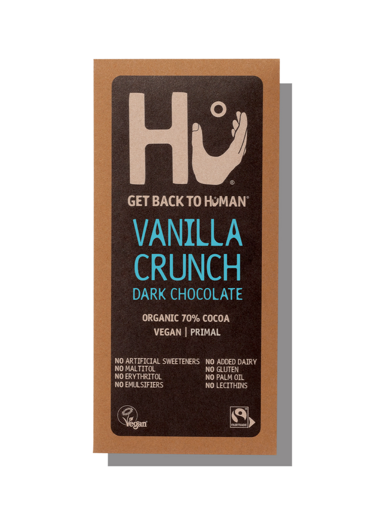 Vanilla Crunch dark chocolate bar packaging with 'Hu' brand on a white background